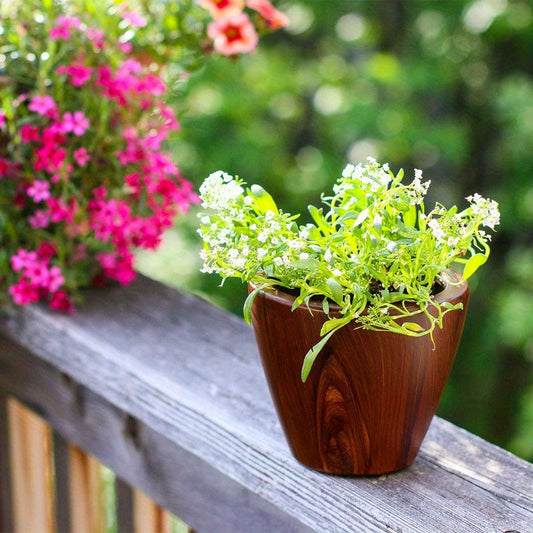Zareon 10-Inch Self-Watering Plastic Planter Pots - Dark Wood Finish (2-Pack)