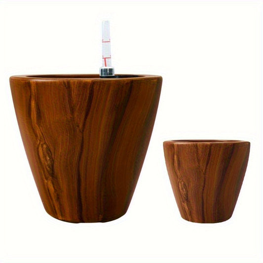 Zareon 10-Inch Self-Watering Plastic Planter Pots - Dark Wood Finish (2-Pack)